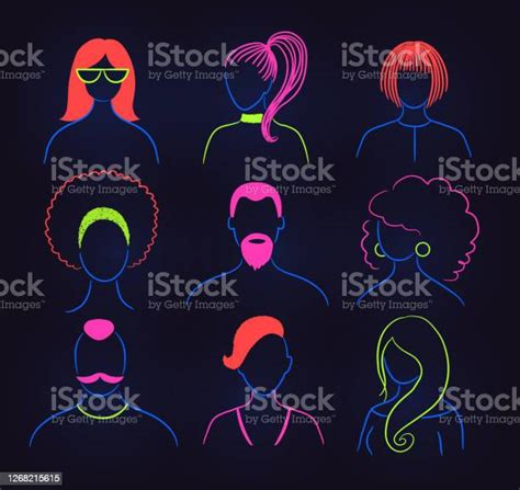 Set Of Neon Profile Pictures Faceless Avatars Stock Illustration