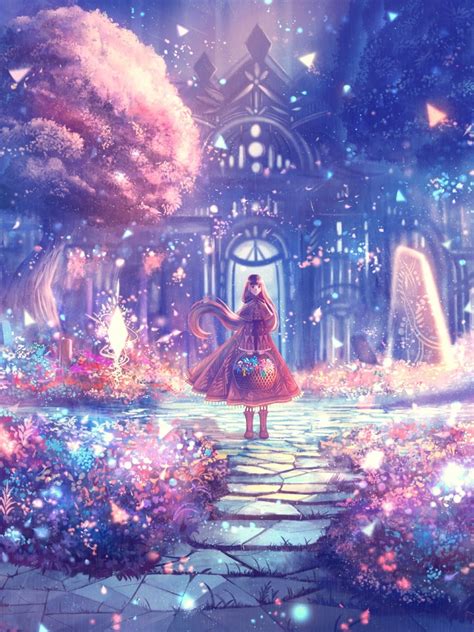 Download 1536x2048 Anime Girl Garden Scenic Flowers Blossom Trees Dress Lights Wallpapers