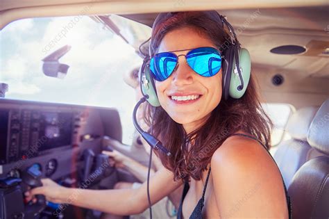 Portrait Young Woman Flying Airplane Stock Image F0225585