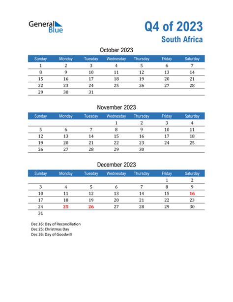 Q4 2023 Quarterly Calendar With South Africa Holidays