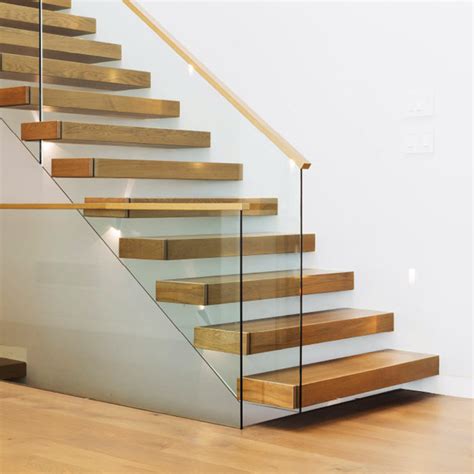 China Modern Simple Glass Wood Floating Staircase With Timber Tread And