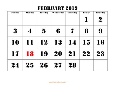 Calendar February 2019 Pdf Printable Template