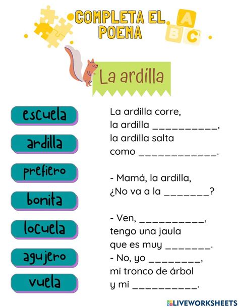 Completa El Poema Worksheet Activities For Kids School Subjects