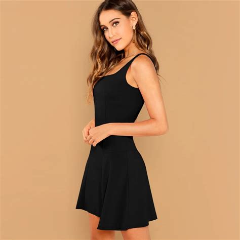Black Fit Flare Solid Dress Elegant Straps Sleeveless Plain A Line Dresses Zipper Short Best