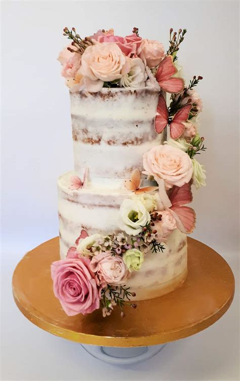 Semi Naked Cake With Fresh Flower And Butterfly Cascade Bay Tree Cakes