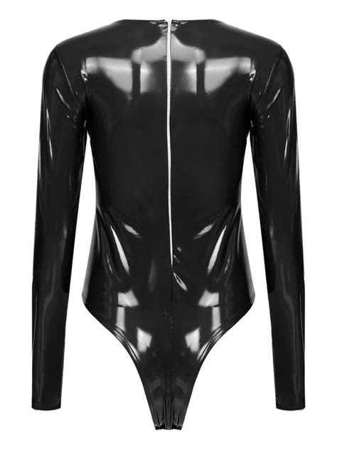 IEFiEL Womens Patent Leather Bodysuit Wetlook High Cut Leotard Catsuit