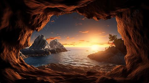 Sunset Ocean Seen From A Cave In 3d View Background Sunset Background