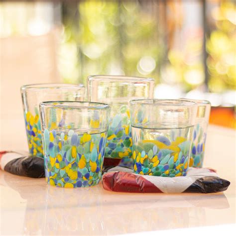Unicef Market Colorful Recycled Glass Rocks Glasses 11 Oz Set Of 6 Tropical Confetti