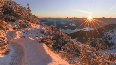 Bavarian Alps Germany Mountain Snow Path During Sunset Hd Winter