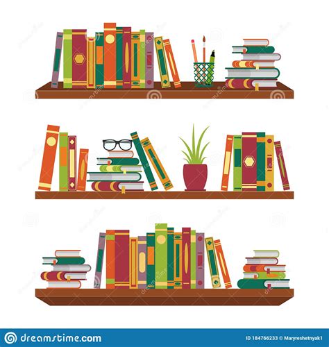 Flat Book On Bookshelves Pile Books On Shelf With Stationery And