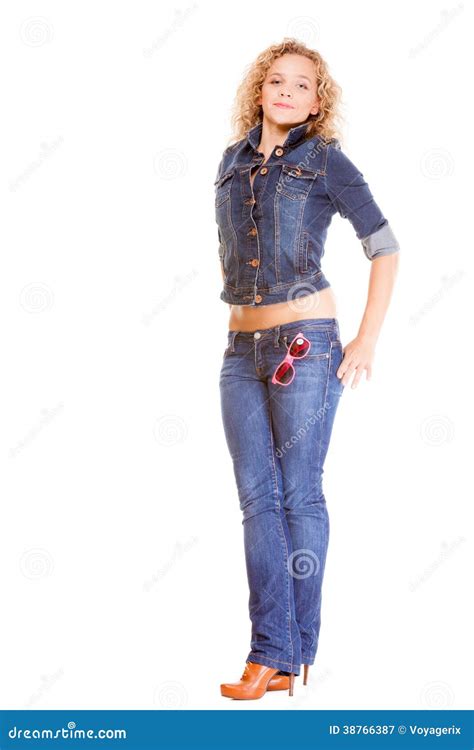 denim fashion blond girl in blue jeans stock image image of fashionable isolated 38766387