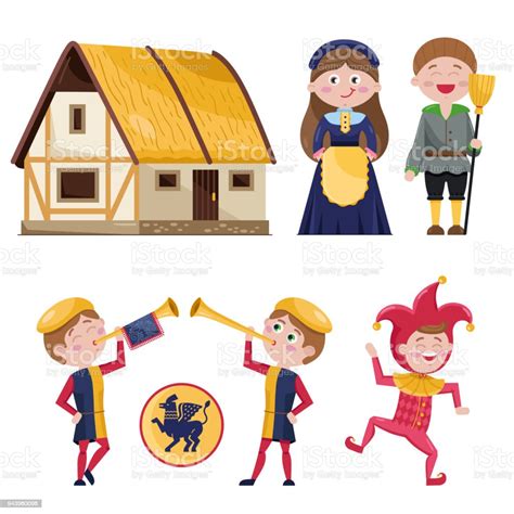 Set Of Medieval Characters And House Stock Illustration Download