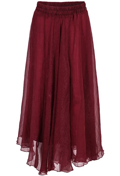 wine red elastic waist chiffon pleated skirt shein sheinside