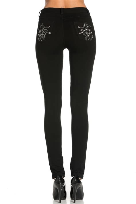 Poplooks Womens Embellished Stretch Skinny Knit Jegging Pants Double Star