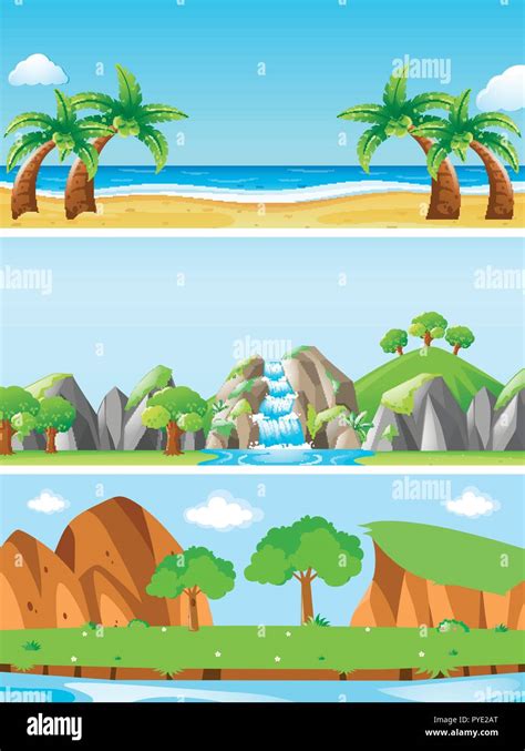 Three Nature Scenes With Different Landforms Illustration Stock Vector