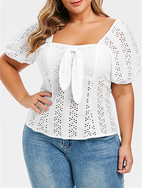[56% OFF] Plus Size Broderie Anglaise Bowknot Milkmaid Top | Rosegal