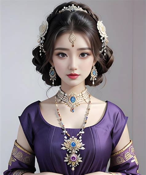 premium photo a woman in a purple dress with a purple and gold flower on her head