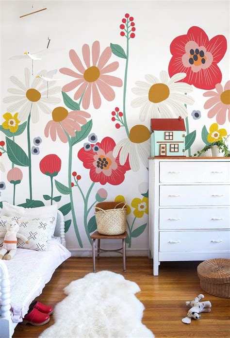 Whimsical Flower Garden Removable Wallpaper Mural For A Kids Bedroom