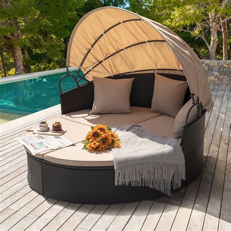Buy Devoko Outdoor Patio Round Daybed With Retractable Canopy Wicker