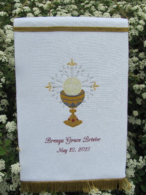 Communion Banner Embroidered On White Linen Reserved