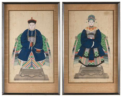 Lot Pair Of Chinese Ancestor Portraits Late 19th Century Gouache On