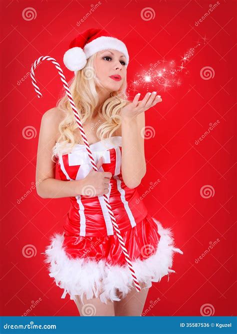 Santa Girl Blonde Woman With Christmas Hat Blowing Stars Kiss Royalty Free Stock Image Image