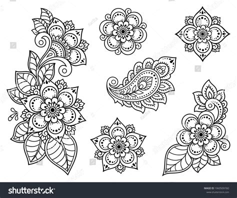 Set Mehndi Flower Pattern Henna Drawing Stock Vector Royalty Free
