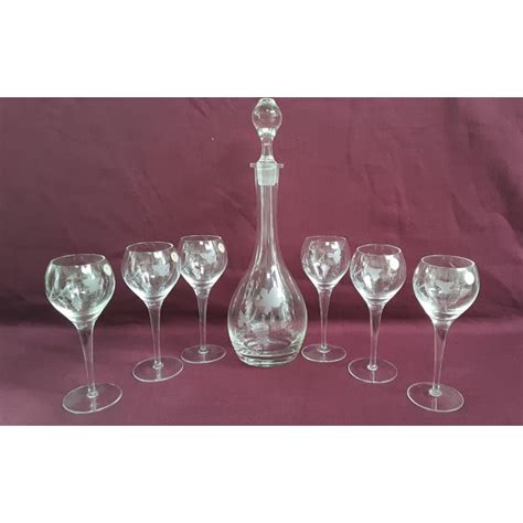 Toscany Hand Blown Etched Crystal Wine Decanter And 6 Balloon Goblet Glasses Romania 7 Pieces