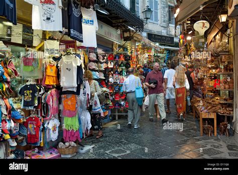 Tourist Shopping In Corfu Town Corfu Ionian Islands Greece Stock