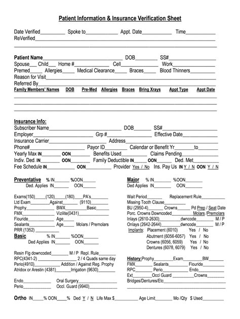 Fillable Online Patient Information And Insurance Verification Sheet Fax