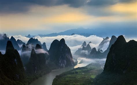Nature Landscape Mountain River Field China Clouds Mist Sunrise