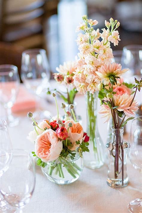 Romantic Peach And Pink Centerpieces Bud Vases Arrangements Bud Vases Wedding Tahoe Wedding