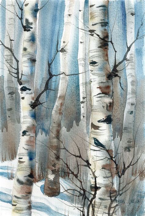 New Daily Painting Crow In Winter Aspen Trees Lovely 9 X 6 Inch