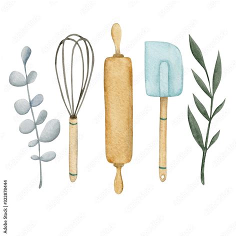 Watercolor Logo With Rolling Pin Whisk Pastry Shovel And Twigs Suitable For A Pastry Shop