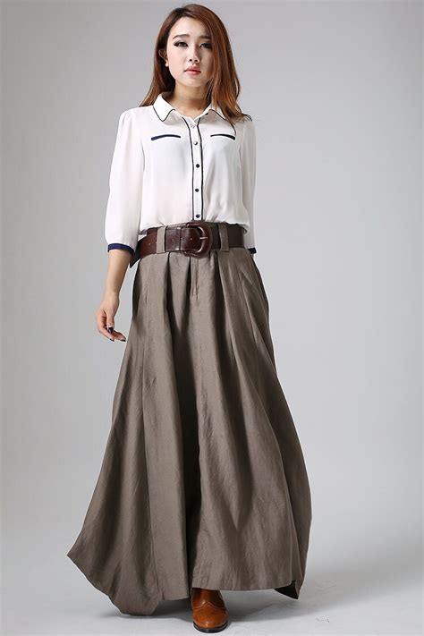 Long Linen Skirt Maxi Skirt For Women Brown Skirt Pleated