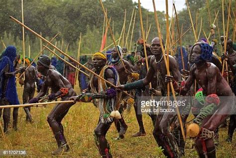 Men From The Suri Tribe Take Part In A Donga Or Stick Fight In