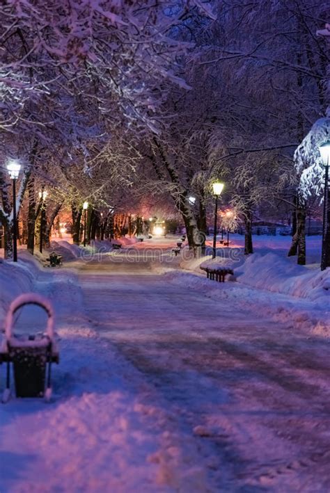 Alley Night Lamp Winter Stock Image Image Of Dusk Background 84057709