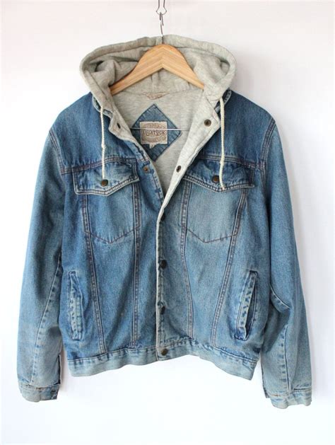 Vintage 80s Mens Denim Hoodie Jacket Sporty Spring Cotton Jacket
