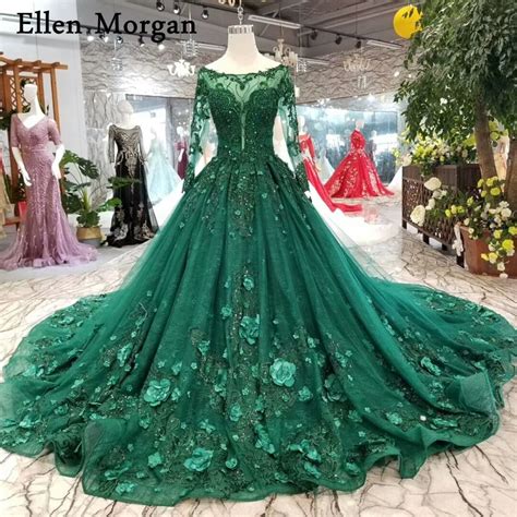 Dark Green Long Sleeves Wedding Dresses For Women Lace Beaded 3d
