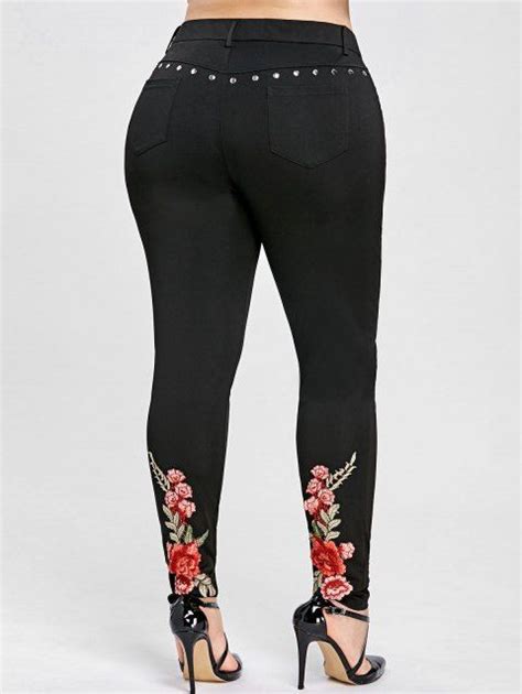 41 Off 2019 Floral Embroidered Rivet Plus Size Pencil Pants In Black Dresslily