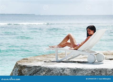 Woman In Chaise Lounge Near Sea Stock Image Image Of Looking Ocean