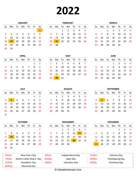 2022 Calendar With Holidays Printable Pdf 2023 Printable Calendars