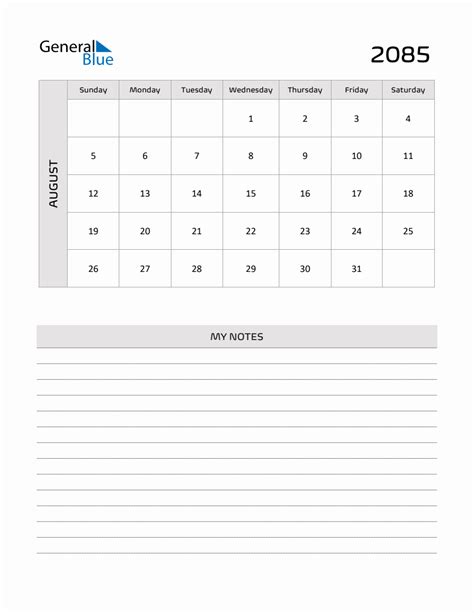 August 2085 Printable Monthly Calendar With Notes