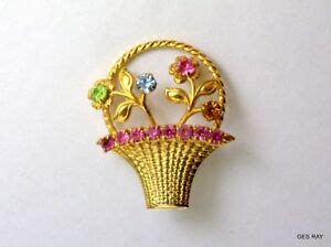 Vintage Brooch Pin Gold Basket With Flowers Rhinestones Ebay