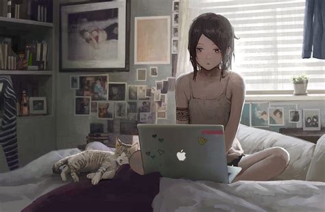 Hintergrundbilder Frau Anime Mädchen Brünette Katze Mac Buch