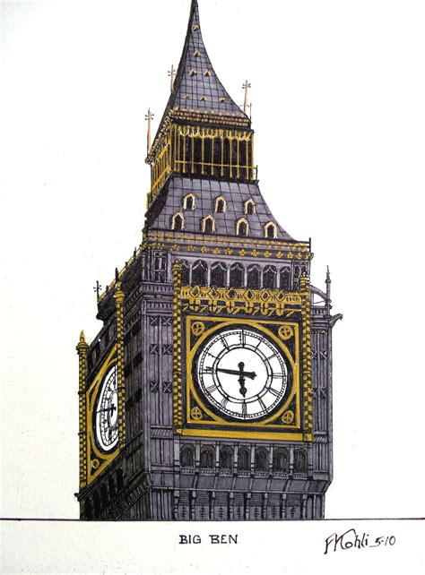 Big Ben Pen And Ink Drawing By Frederic Kohli Of The Famous Big Ben