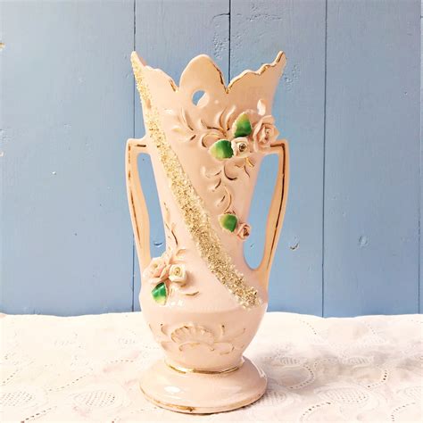 Vintage 1950s Pink Floral Handled Vase Vintage Shabby Chic Pink Vase Vintage Cottage Chic Vase