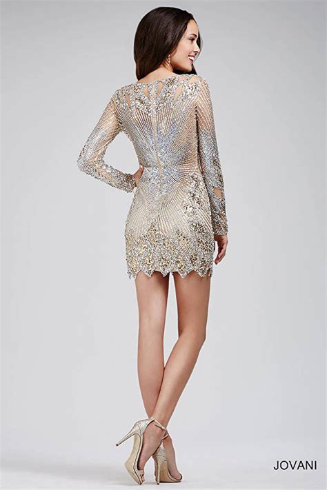 Nude Fitted Cocktail Dress With Long Sleeves And Sequin Embellishments