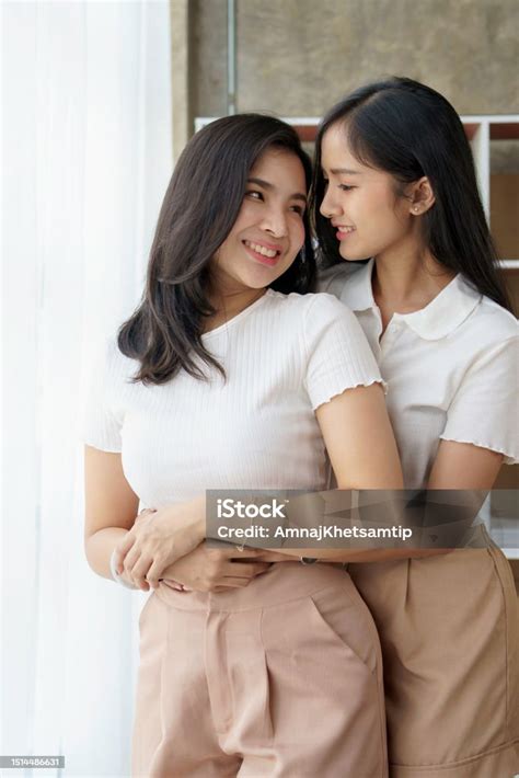 Happy Lgbtq Asian Lesbian Couple Two Asian Girls Show Their Love By Cuddling And Having Romance
