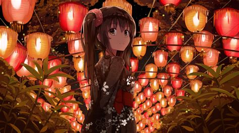 Festivals Kimono Yukata Japanese Clothes Lantern Smiling Brunette Brown
